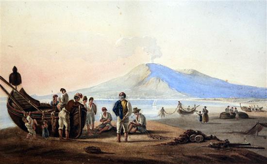 Michelangelo Pacetti (Italian, 1793-1855), watercolour, The Bay of Naples with figures and boats on the shore, signed, dated Roma 1839